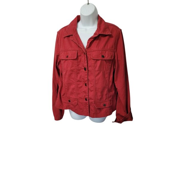 CHADWICKS Red Jean Style Cotton Jacket 16 Front Pockets Buttons Trucker - Picture 2 of 16